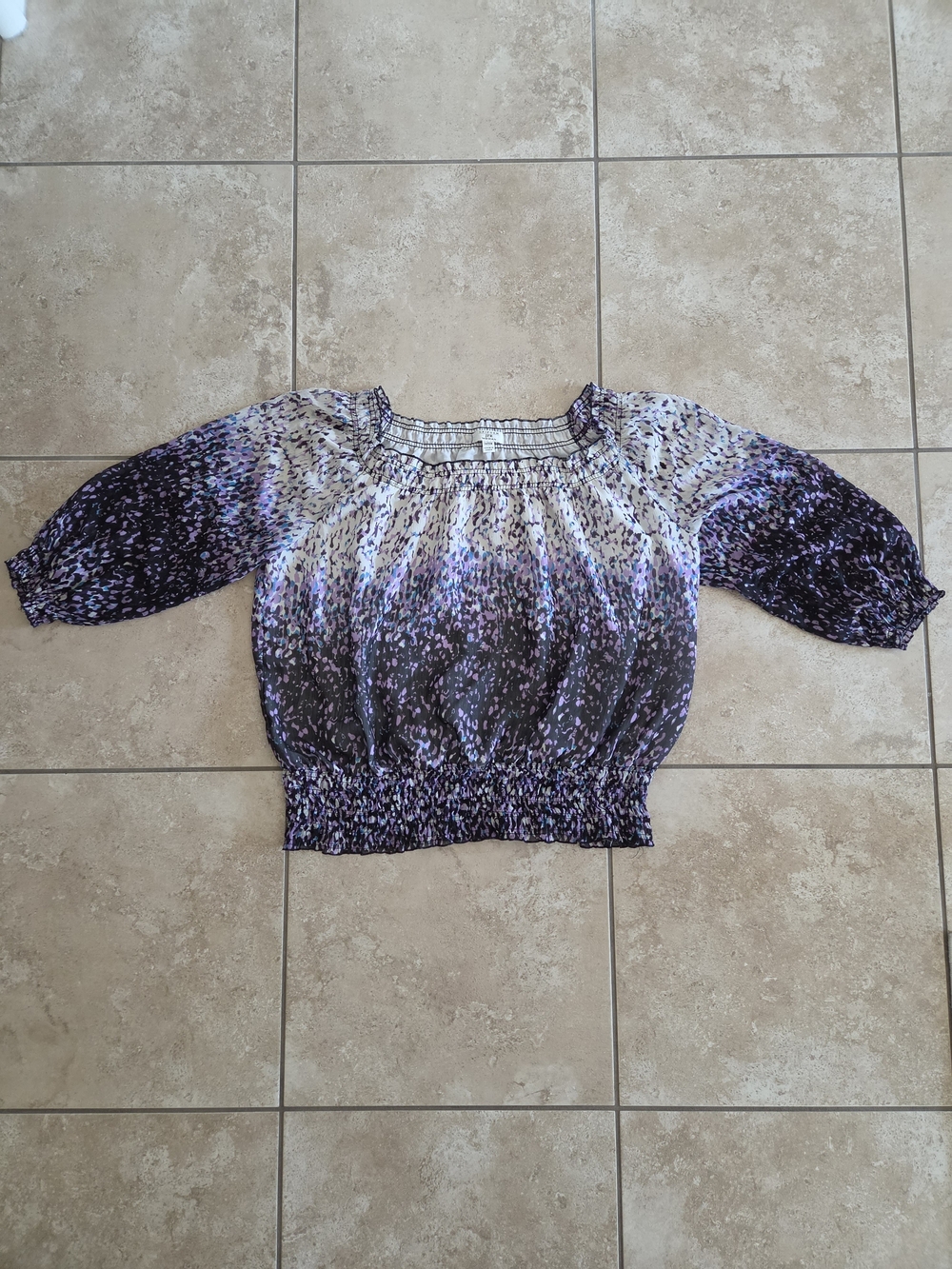 Ombre Off-the-shoulder Smocked Hem Top in Purple Abstract Splatter